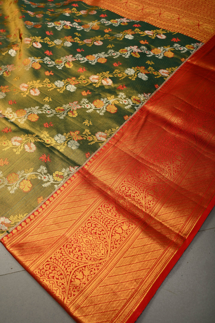Green Pure Kanjivaram Tissue Silk Saree with Leheria  Meenakari Floral Jaal and Contrast Zari Border | SILK MARK CERTIFIED | SHOBITAM