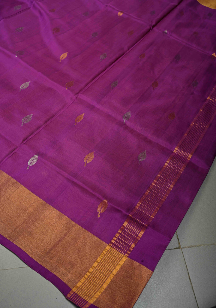 Purple Rangkaat Panel Design on Uppada Handloom Silk Saree with Gold-Silver Zari Buttas and Tissue Border | SILK MARK CERTIFIED | SHOBITAM