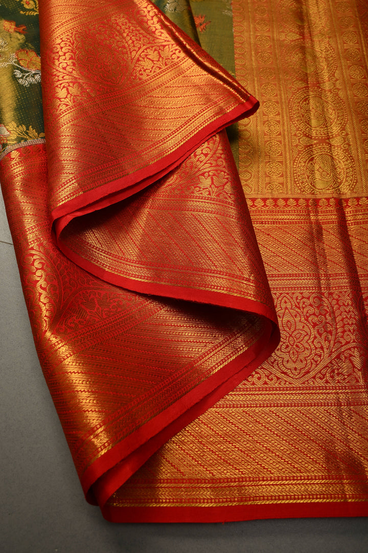Green Pure Kanjivaram Tissue Silk Saree with Leheria  Meenakari Floral Jaal and Contrast Zari Border | SILK MARK CERTIFIED | SHOBITAM