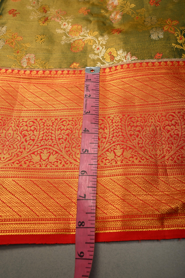 Green Pure Kanjivaram Tissue Silk Saree with Leheria  Meenakari Floral Jaal and Contrast Zari Border | SILK MARK CERTIFIED | SHOBITAM