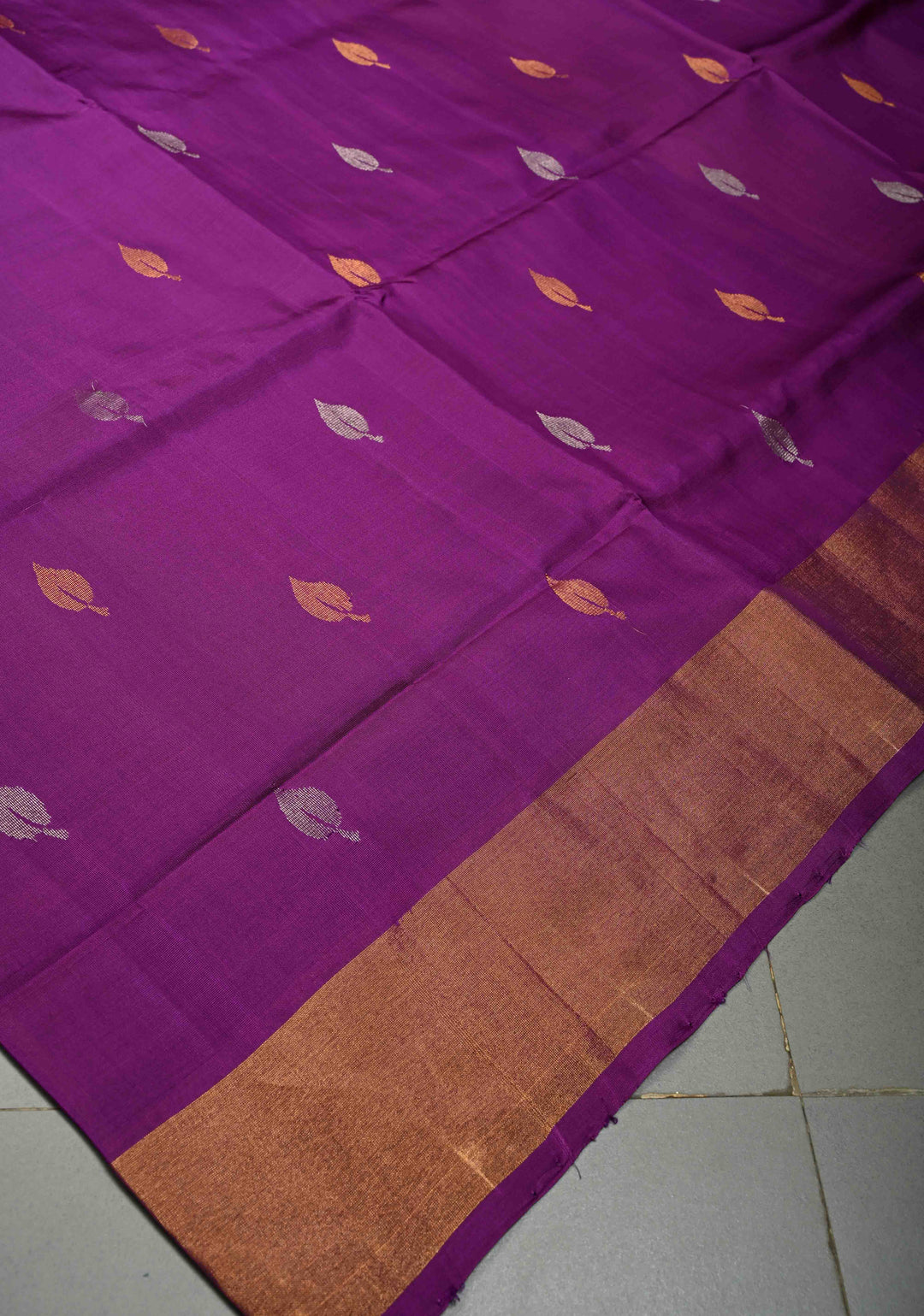 Purple Rangkaat Panel Design on Uppada Handloom Silk Saree with Gold-Silver Zari Buttas and Tissue Border | SILK MARK CERTIFIED | SHOBITAM
