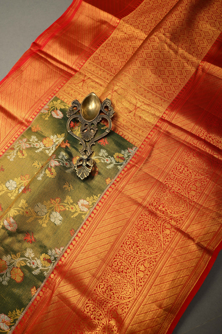Green Pure Kanjivaram Tissue Silk Saree with Leheria  Meenakari Floral Jaal and Contrast Zari Border | SILK MARK CERTIFIED | SHOBITAM