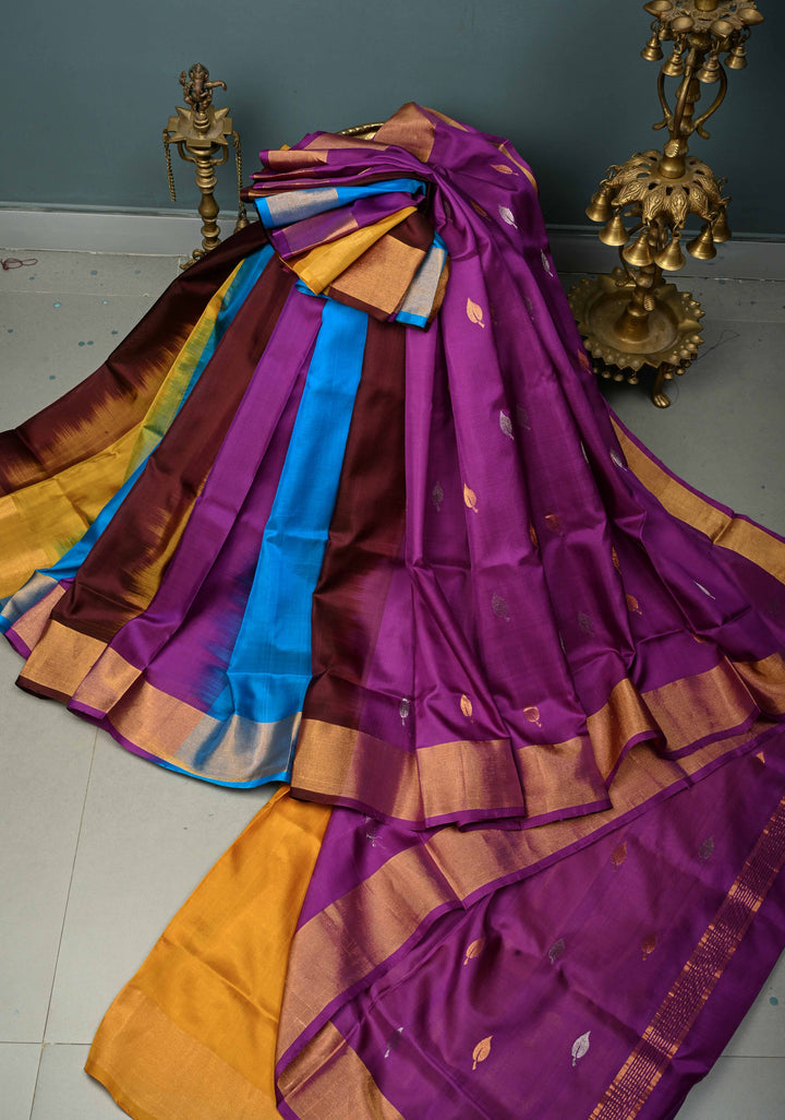 Purple Rangkaat Panel Design on Uppada Handloom Silk Saree with Gold-Silver Zari Buttas and Tissue Border | SILK MARK CERTIFIED | SHOBITAM