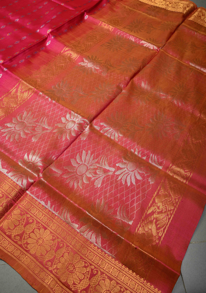 Pink Dual Tone Uppada Handloom Silk Saree with Meenakari Floral Zari Buttis and Zari Border | SILK MARK CERTIFIED | SHOBITAM