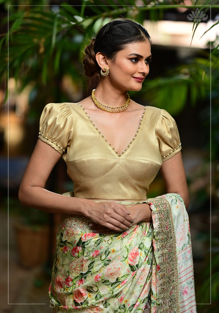 Gold tone sweetheart neck blouse with puff sleeves with beads detailing | Made to Order