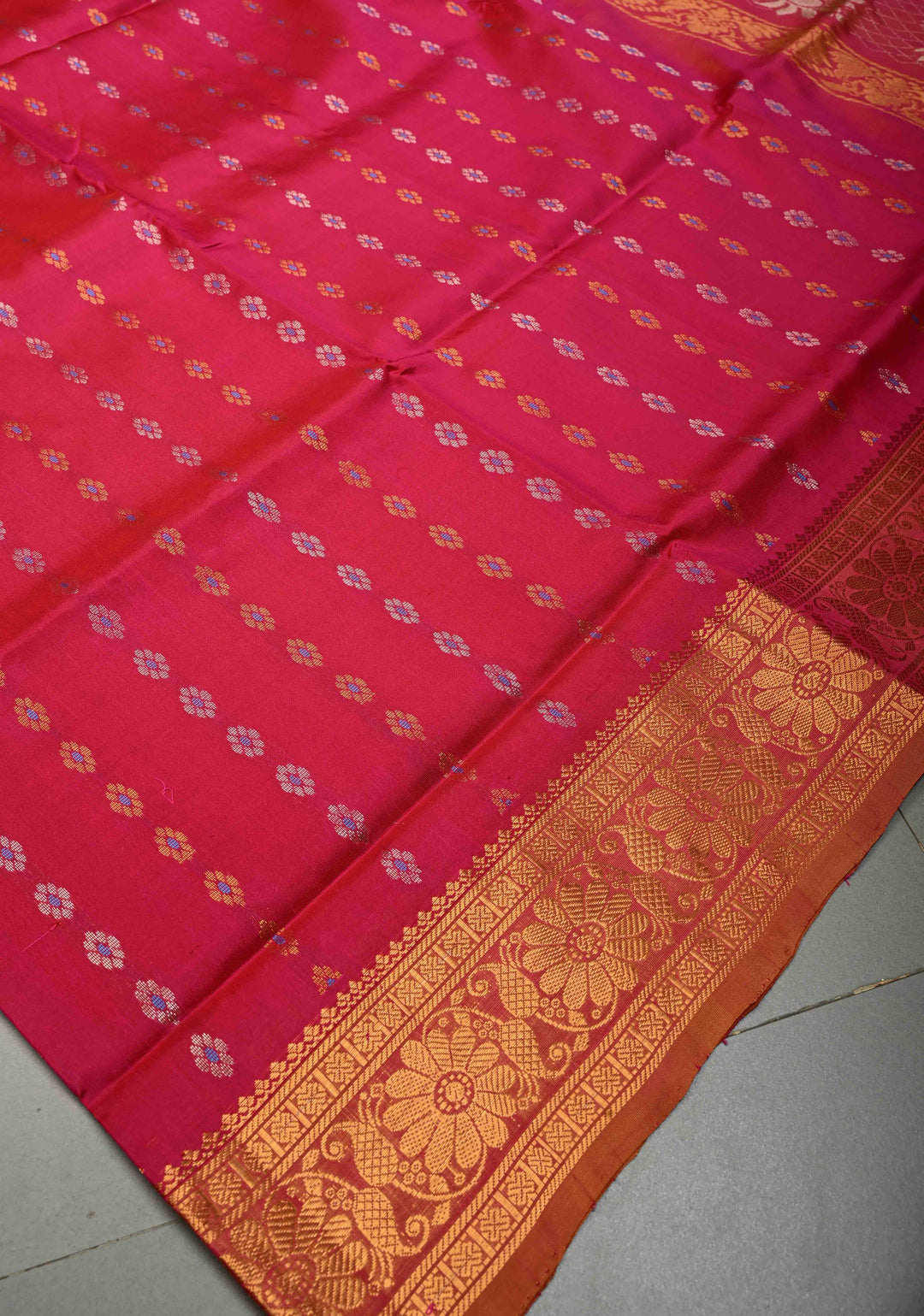 Pink Dual Tone Uppada Handloom Silk Saree with Meenakari Floral Zari Buttis and Zari Border | SILK MARK CERTIFIED | SHOBITAM