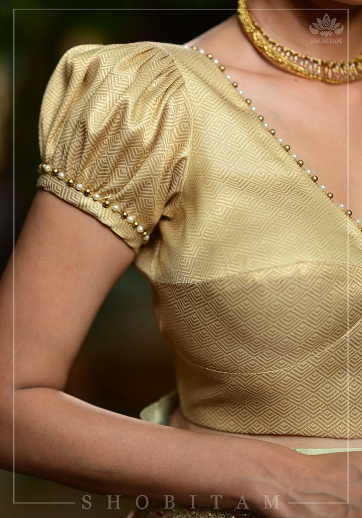 Gold tone sweetheart neck blouse with puff sleeves with beads detailing | Made to Order