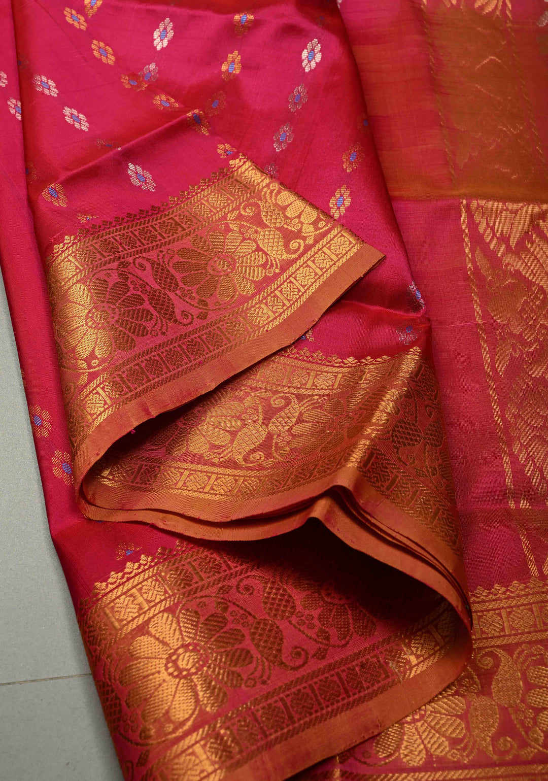 Pink Dual Tone Uppada Handloom Silk Saree with Meenakari Floral Zari Buttis and Zari Border | SILK MARK CERTIFIED | SHOBITAM
