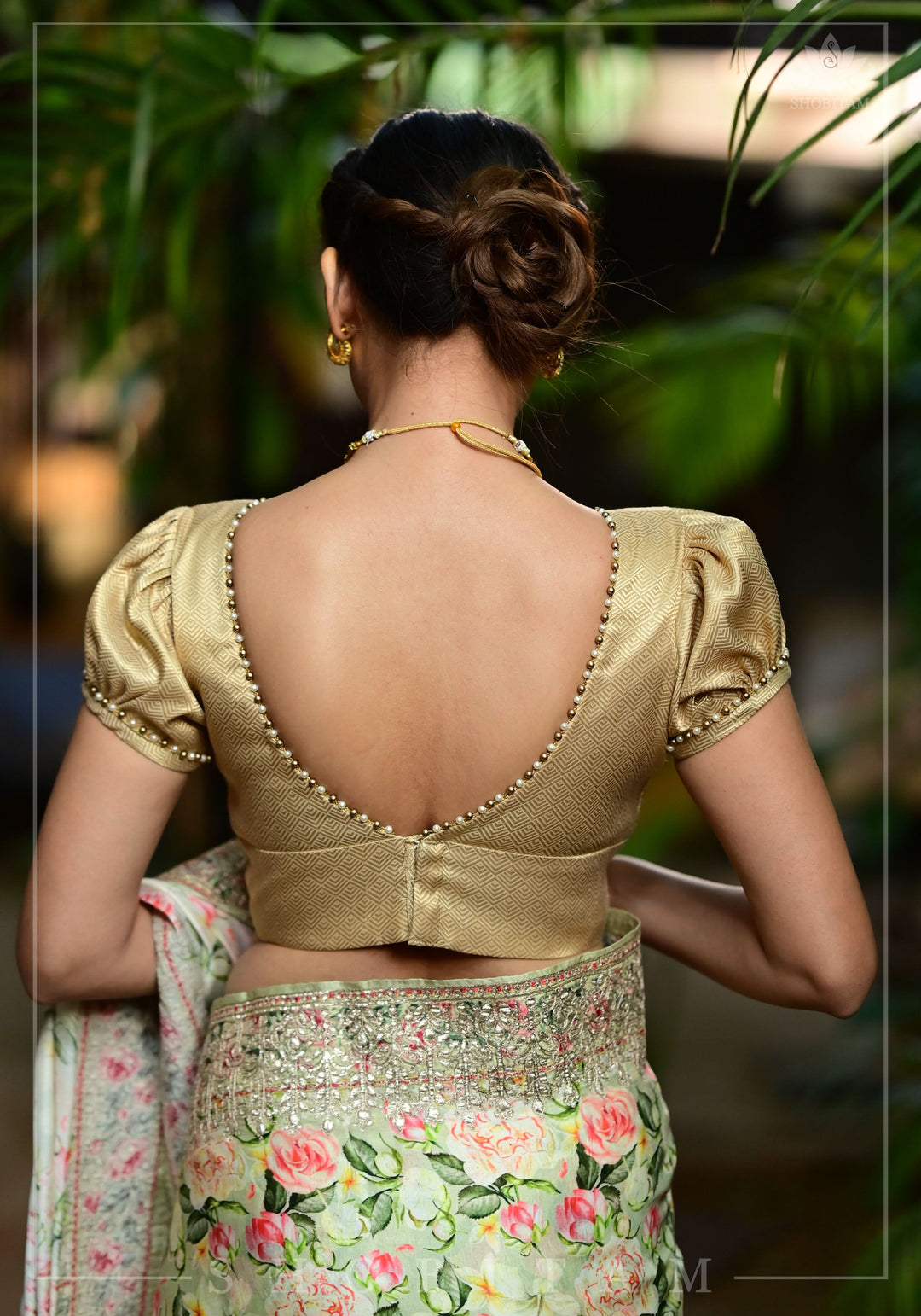 Gold tone sweetheart neck blouse with puff sleeves with beads detailing | Made to Order