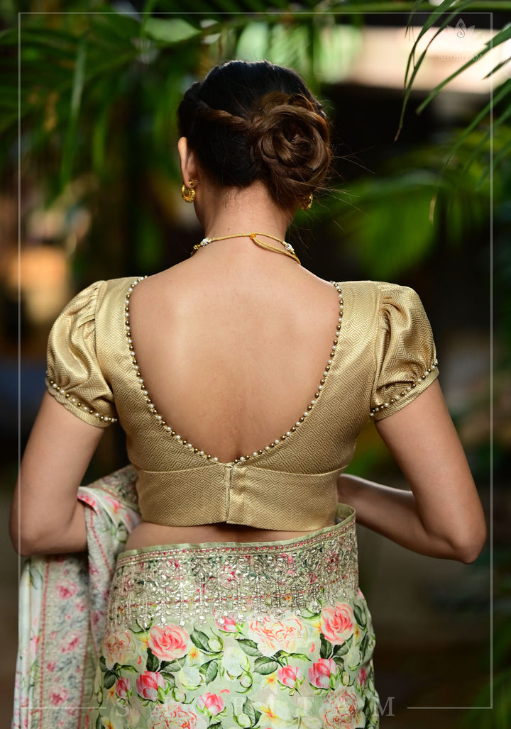 Gold tone sweetheart neck blouse with puff sleeves with beads detailing | Made to Order