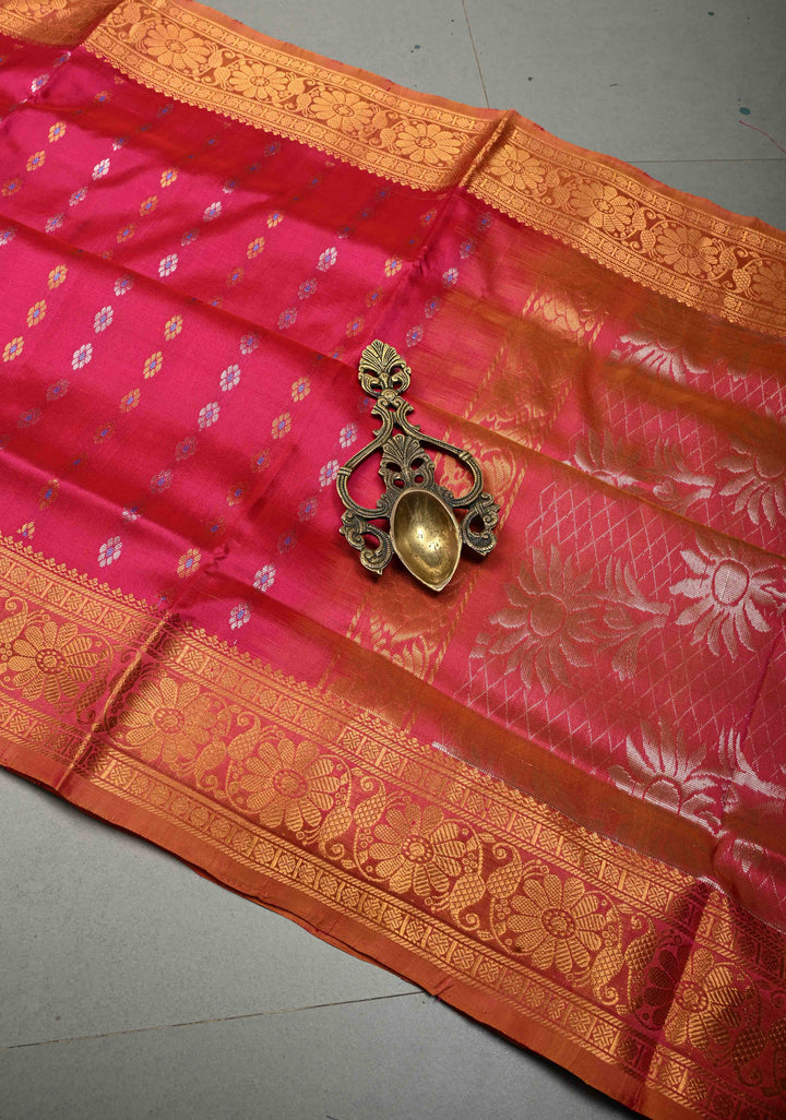 Pink Dual Tone Uppada Handloom Silk Saree with Meenakari Floral Zari Buttis and Zari Border | SILK MARK CERTIFIED | SHOBITAM