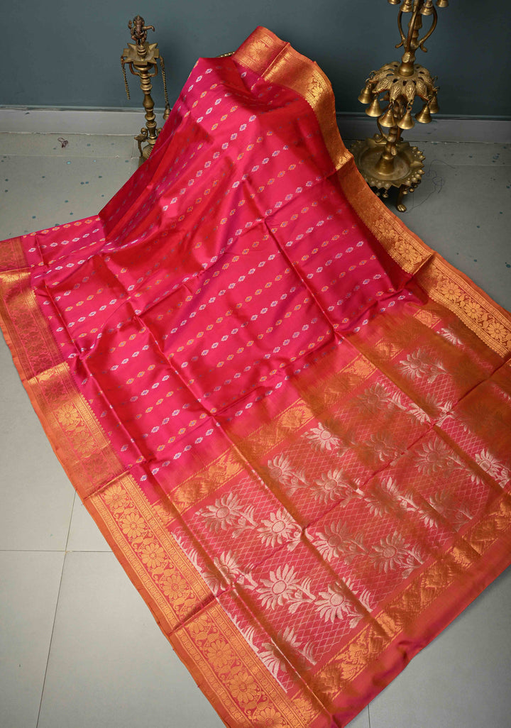 Pink Dual Tone Uppada Handloom Silk Saree with Meenakari Floral Zari Buttis and Zari Border | SILK MARK CERTIFIED | SHOBITAM