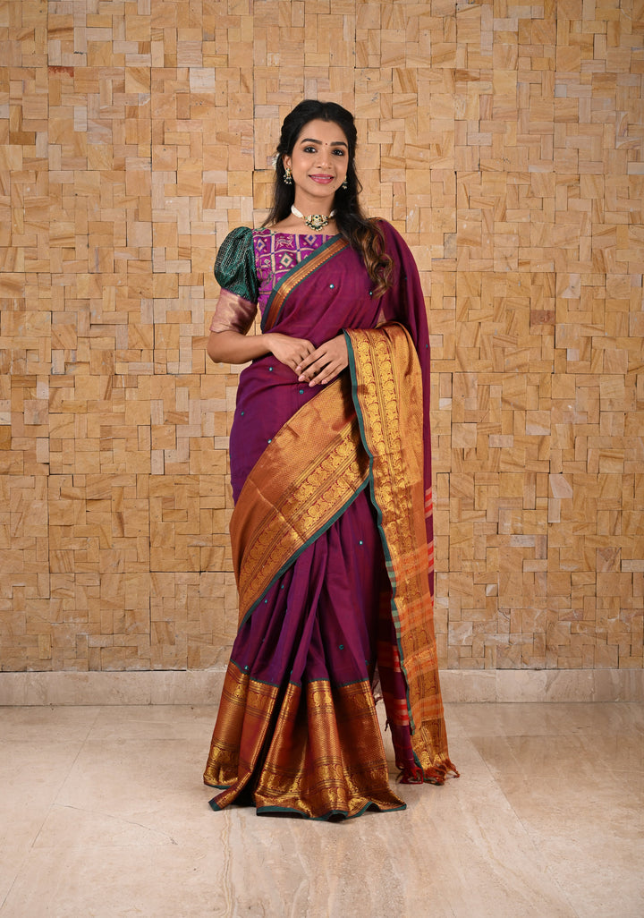 Narayanpet Mercerized Cotton Saree in Purple with Mirror work aand Contrast Zari Border