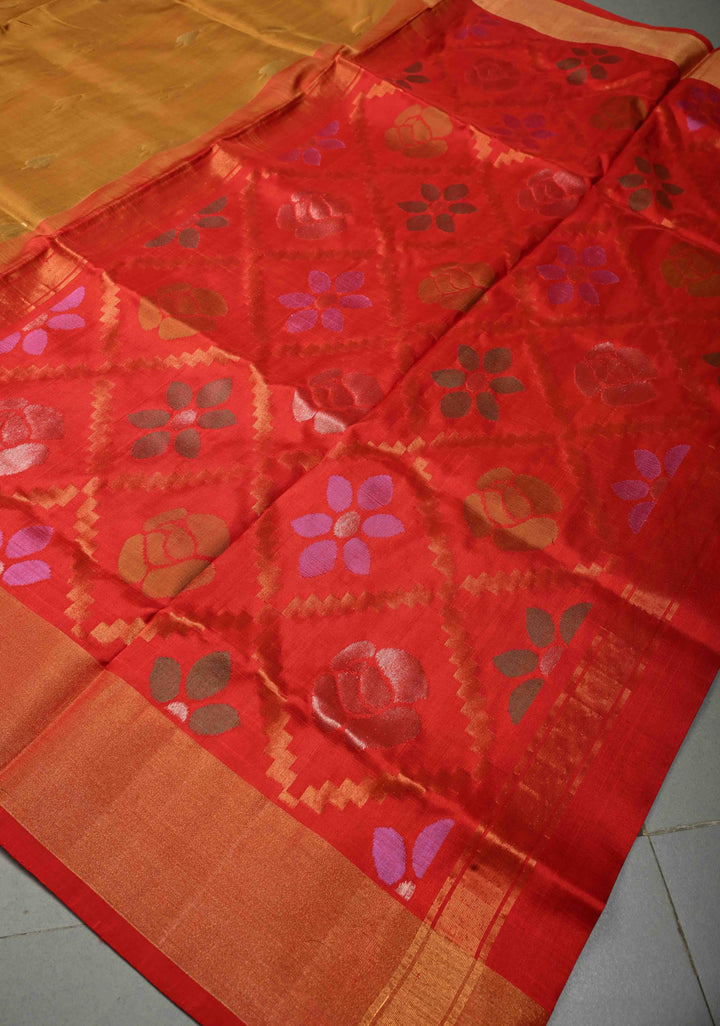 Methi Yellow Uppada Handloom Silk Saree with Gold-Silver Zari Buttas and Tissue Border | SILK MARK CERTIFIED | SHOBITAM