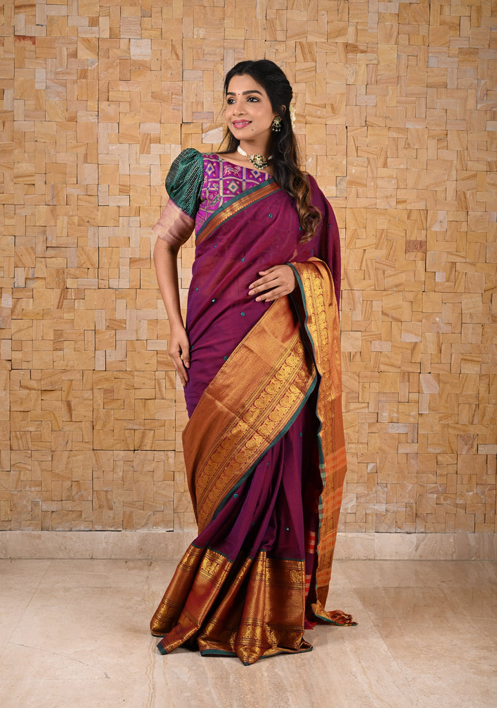 Narayanpet Mercerized Cotton Saree in Purple with Mirror work aand Contrast Zari Border