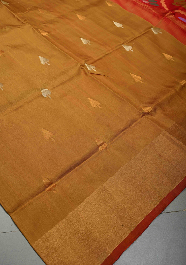 Methi Yellow Uppada Handloom Silk Saree with Gold-Silver Zari Buttas and Tissue Border | SILK MARK CERTIFIED | SHOBITAM