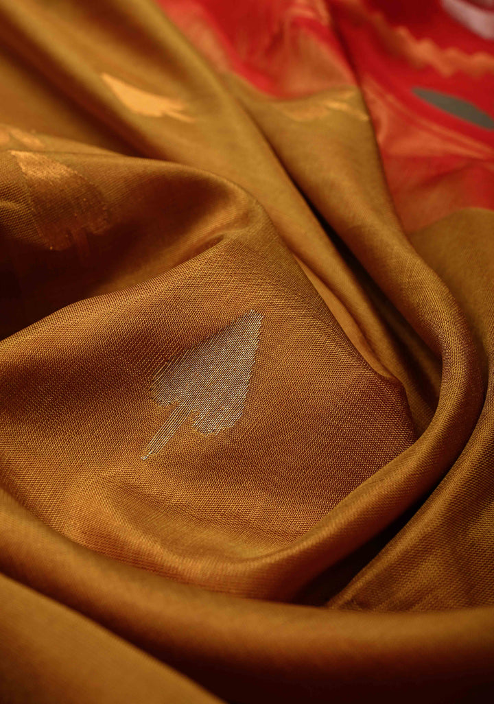 Methi Yellow Uppada Handloom Silk Saree with Gold-Silver Zari Buttas and Tissue Border | SILK MARK CERTIFIED | SHOBITAM