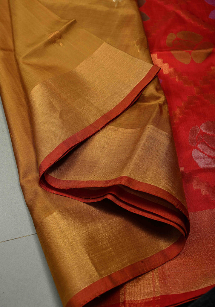 Methi Yellow Uppada Handloom Silk Saree with Gold-Silver Zari Buttas and Tissue Border | SILK MARK CERTIFIED | SHOBITAM