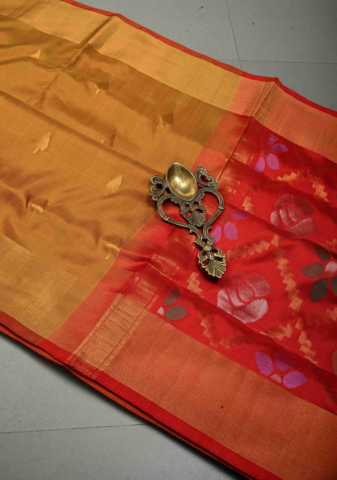Methi Yellow Uppada Handloom Silk Saree with Gold-Silver Zari Buttas and Tissue Border | SILK MARK CERTIFIED | SHOBITAM