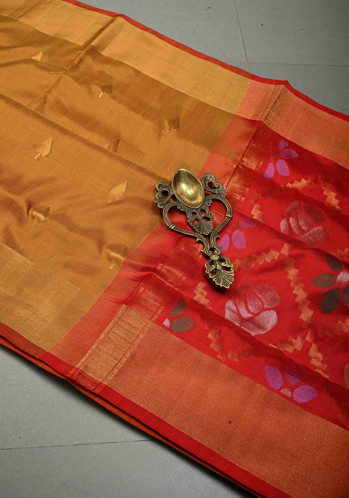 Methi Yellow Uppada Handloom Silk Saree with Gold-Silver Zari Buttas and Tissue Border | SILK MARK CERTIFIED | SHOBITAM