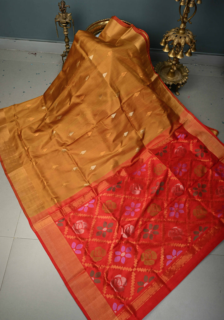 Methi Yellow Uppada Handloom Silk Saree with Gold-Silver Zari Buttas and Tissue Border | SILK MARK CERTIFIED | SHOBITAM