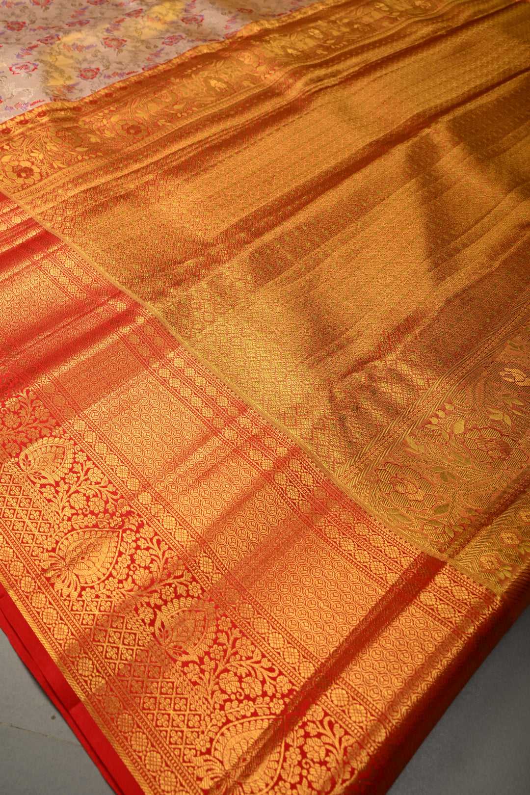 Blush Pink-Gold Pure Kanjivaram Tissue Silk Saree with Meenakari Floral Jaal and Contrast Wide Zari Border | SILK MARK CERTIFIED | SHOBITAM