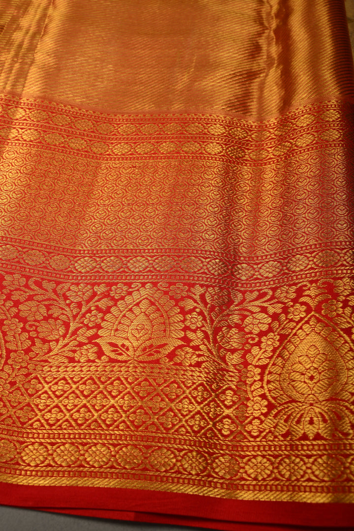 Blush Pink-Gold Pure Kanjivaram Tissue Silk Saree with Meenakari Floral Jaal and Contrast Wide Zari Border | SILK MARK CERTIFIED | SHOBITAM