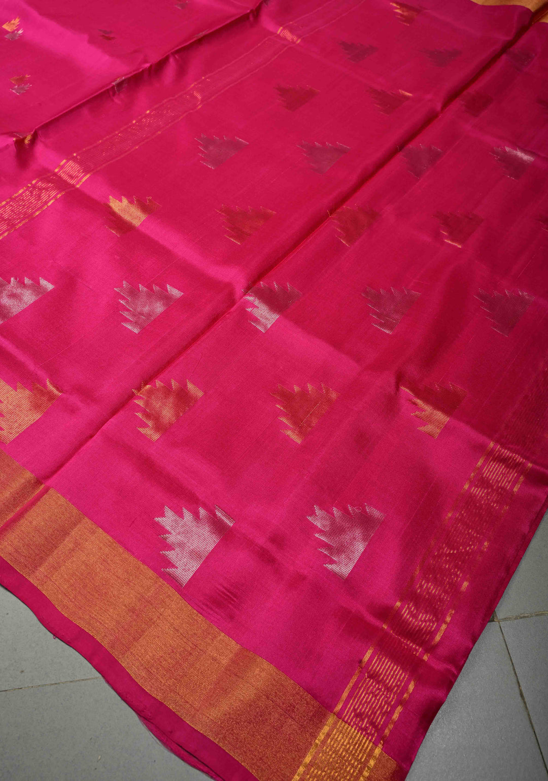 Rani Pink Uppada Handloom Silk Saree with Sona Rupa Zari Buttas and Distinct Temple Design on Tissue Border| SILK MARK CERTIFIED | SHOBITAM