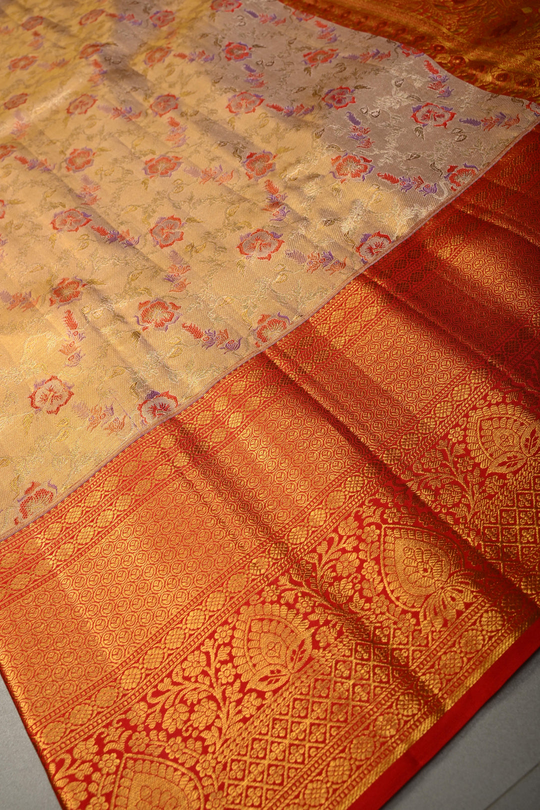 Blush Pink-Gold Pure Kanjivaram Tissue Silk Saree with Meenakari Floral Jaal and Contrast Wide Zari Border | SILK MARK CERTIFIED | SHOBITAM