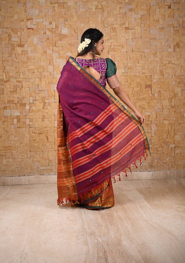 Narayanpet Mercerized Cotton Saree in Purple with Mirror work aand Contrast Zari Border