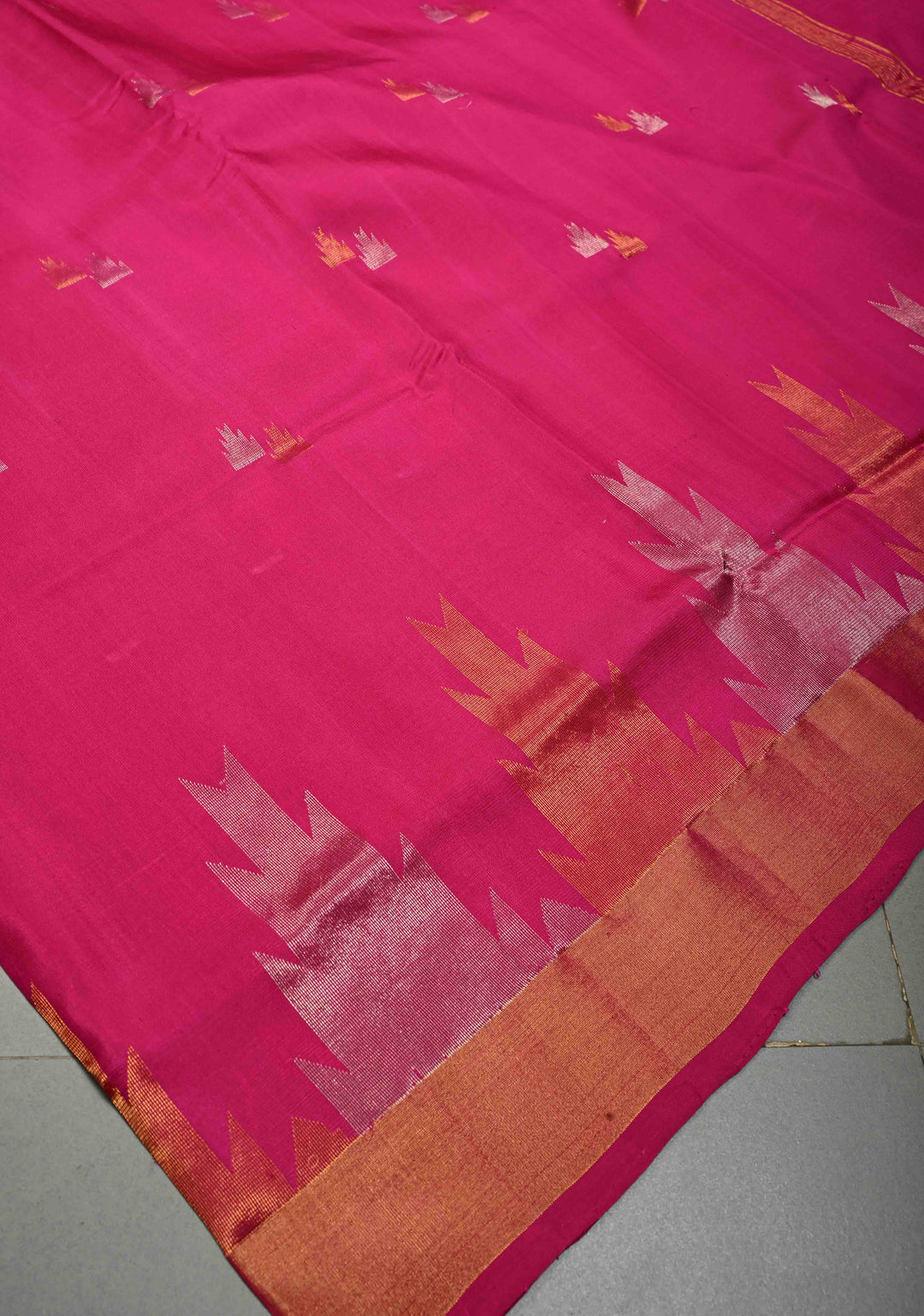 Rani Pink Uppada Handloom Silk Saree with Sona Rupa Zari Buttas and Distinct Temple Design on Tissue Border| SILK MARK CERTIFIED | SHOBITAM