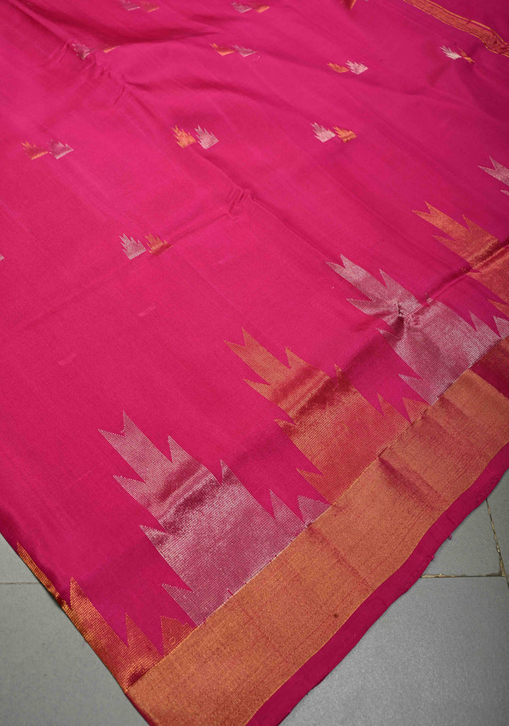 Rani Pink Uppada Handloom Silk Saree with Sona Rupa Zari Buttas and Distinct Temple Design on Tissue Border| SILK MARK CERTIFIED | SHOBITAM