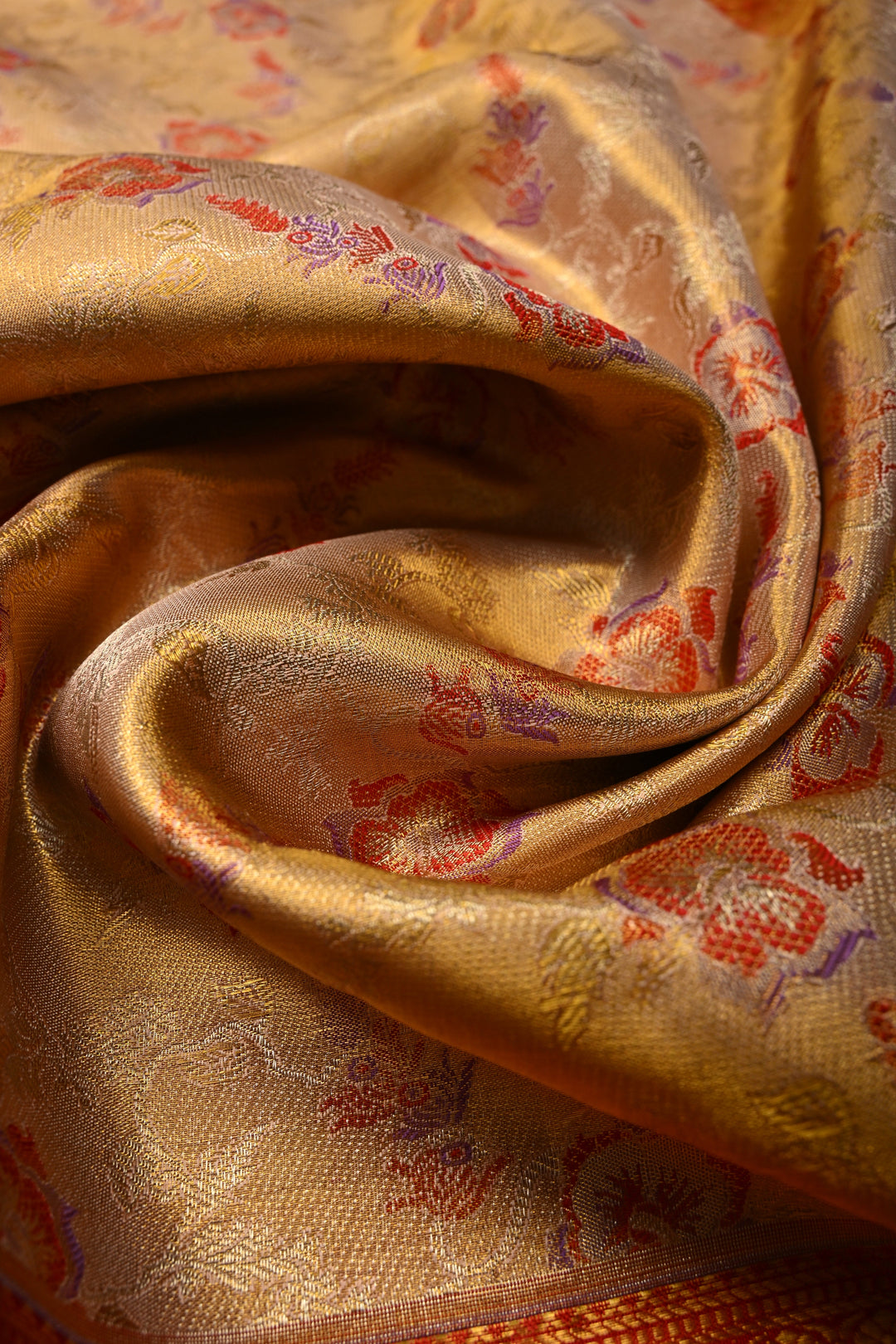 Blush Pink-Gold Pure Kanjivaram Tissue Silk Saree with Meenakari Floral Jaal and Contrast Wide Zari Border | SILK MARK CERTIFIED | SHOBITAM