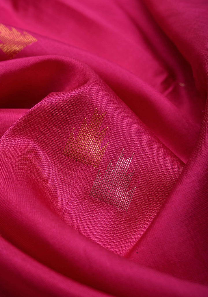 Rani Pink Uppada Handloom Silk Saree with Sona Rupa Zari Buttas and Distinct Temple Design on Tissue Border| SILK MARK CERTIFIED | SHOBITAM