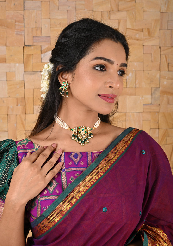 Ahmedabadi kundan multistrand necklace set with Green dangling  beads