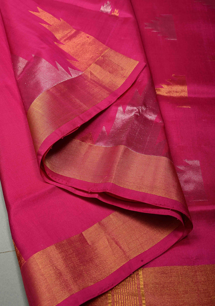 Rani Pink Uppada Handloom Silk Saree with Sona Rupa Zari Buttas and Distinct Temple Design on Tissue Border| SILK MARK CERTIFIED | SHOBITAM