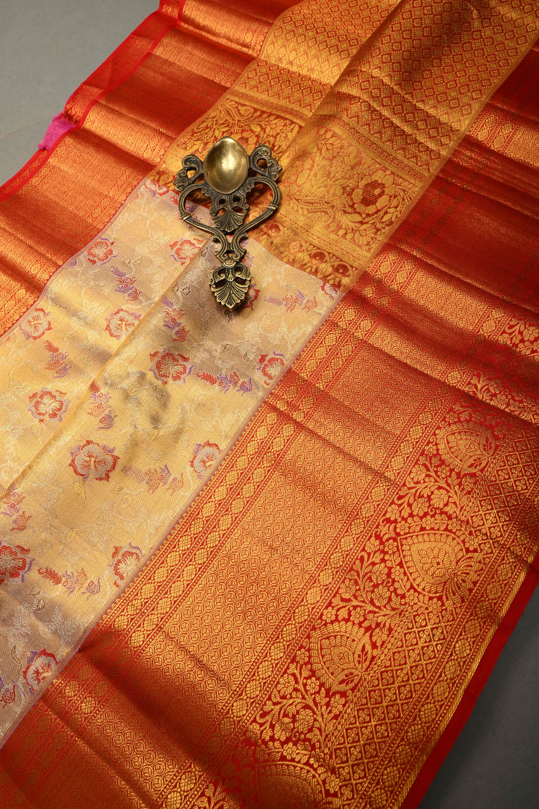 Blush Pink-Gold Pure Kanjivaram Tissue Silk Saree with Meenakari Floral Jaal and Contrast Wide Zari Border | SILK MARK CERTIFIED | SHOBITAM