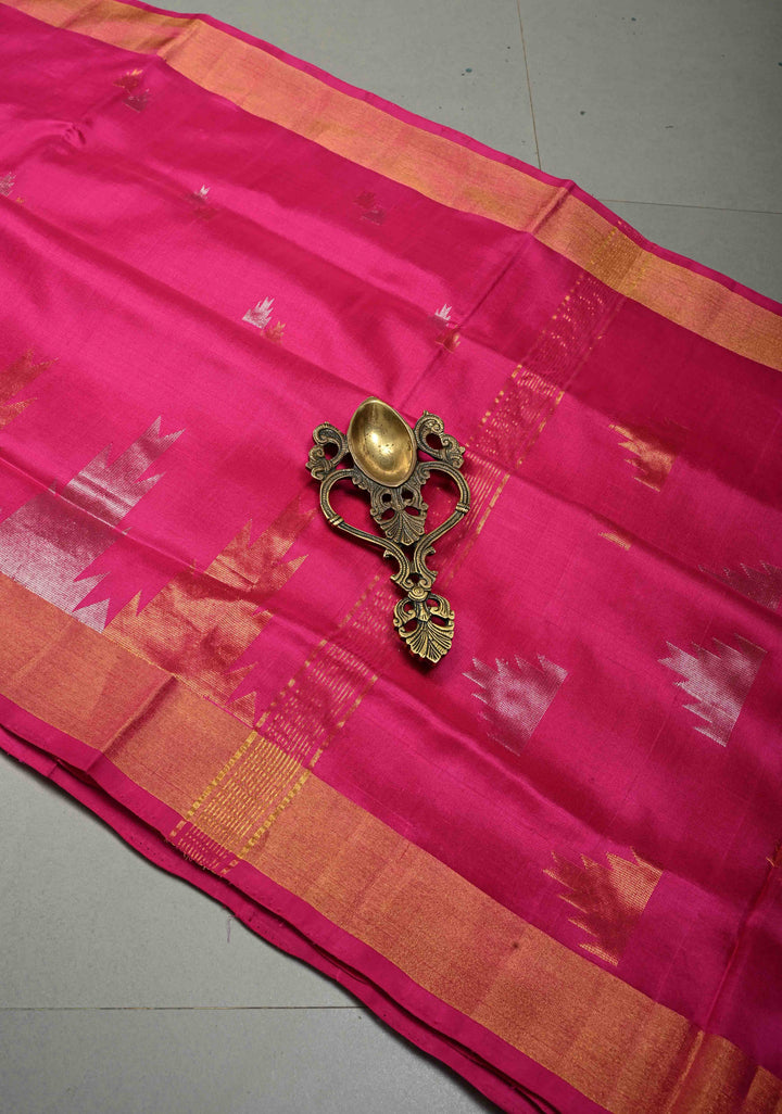 Rani Pink Uppada Handloom Silk Saree with Sona Rupa Zari Buttas and Distinct Temple Design on Tissue Border| SILK MARK CERTIFIED | SHOBITAM