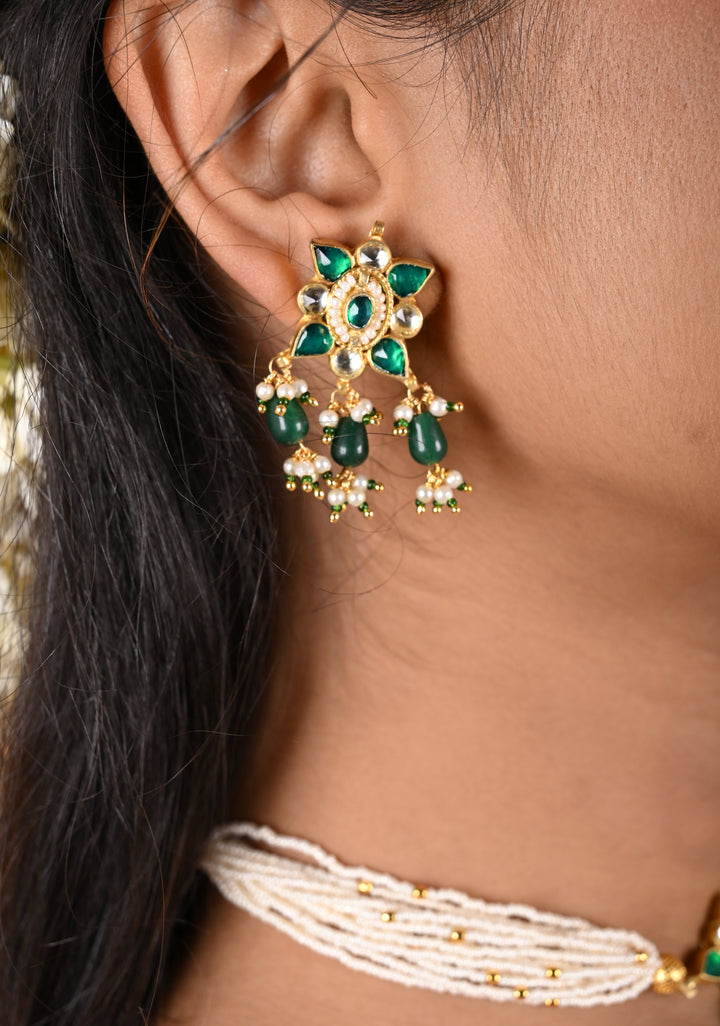 Ahmedabadi kundan multistrand necklace set with Green dangling  beads