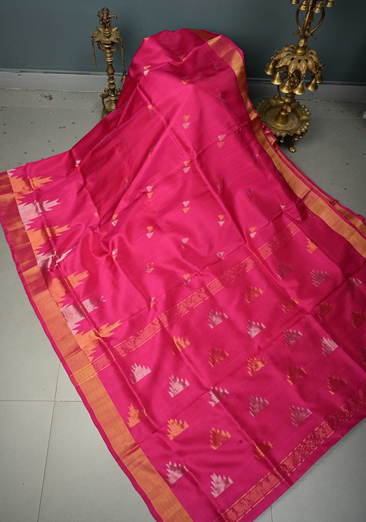 Rani Pink Uppada Handloom Silk Saree with Sona Rupa Zari Buttas and Distinct Temple Design on Tissue Border| SILK MARK CERTIFIED | SHOBITAM