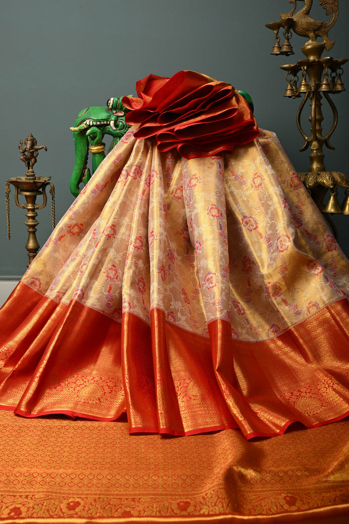 Blush Pink-Gold Pure Kanjivaram Tissue Silk Saree with Meenakari Floral Jaal and Contrast Wide Zari Border | SILK MARK CERTIFIED | SHOBITAM