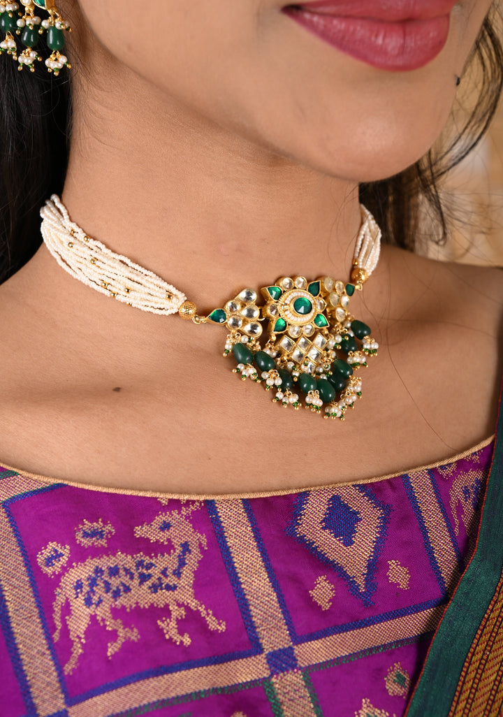Ahmedabadi kundan multistrand necklace set with Green dangling  beads