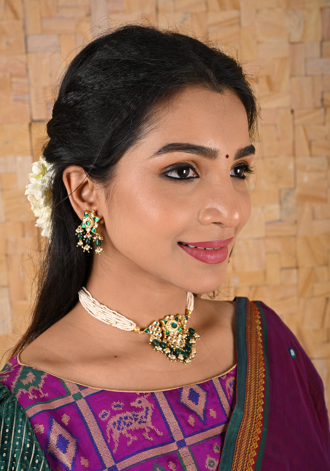 Ahmedabadi kundan multistrand necklace set with Green dangling  beads