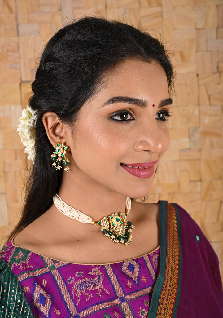 Ahmedabadi kundan multistrand necklace set with Green dangling  beads