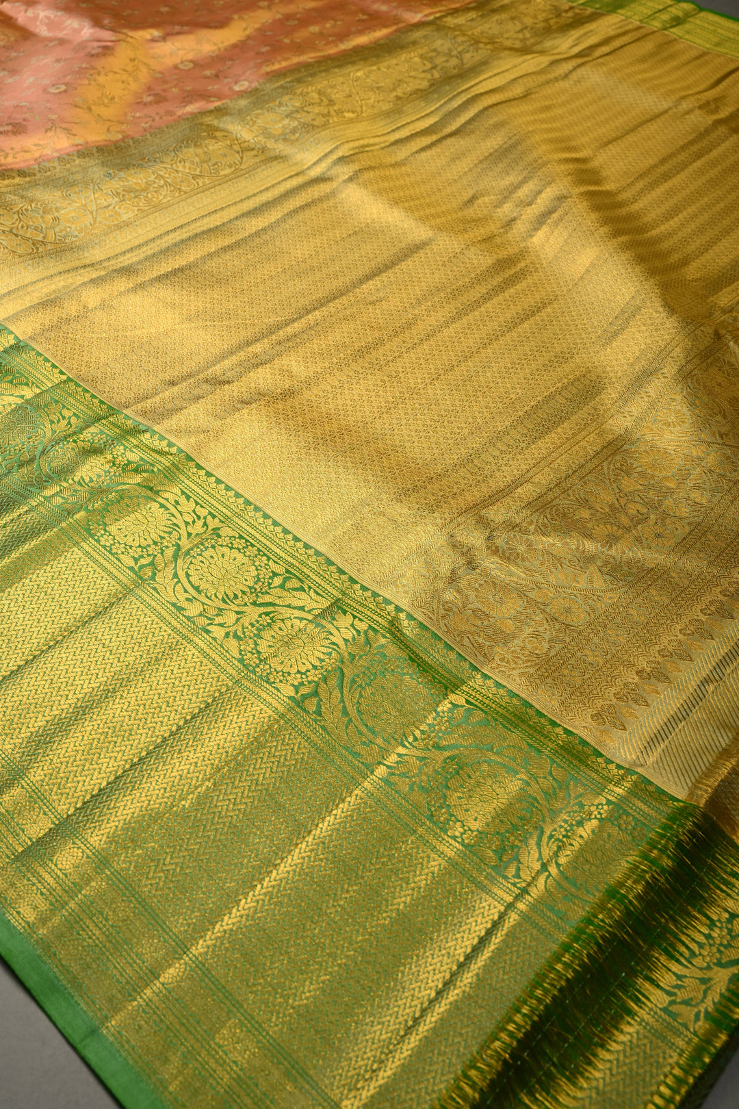 Pink-Peach Dual Tone Pure Kanjivaram Tissue Silk Saree with Meenakari Floral Brocade Jaal and wide Zari Border | SILK MARK CERTIFIED | SHOBITAM