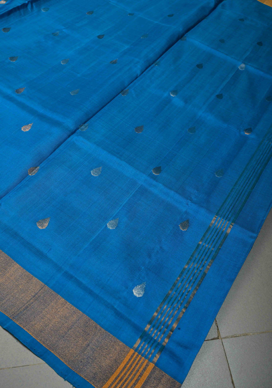 Copper Sulphate Blue Rangkaat Panel Design on Uppada Handloom Silk Saree with Sona Rupa Zari Buttas and Minimal Tissue Border| SILK MARK CERTIFIED | SHOBITAM