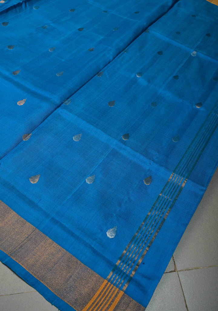 Copper Sulphate Blue Rangkaat Panel Design on Uppada Handloom Silk Saree with Sona Rupa Zari Buttas and Minimal Tissue Border| SILK MARK CERTIFIED | SHOBITAM