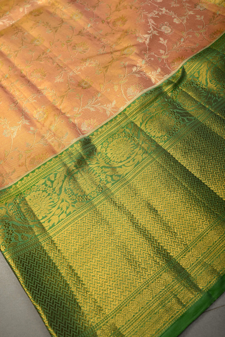 Pink-Peach Dual Tone Pure Kanjivaram Tissue Silk Saree with Meenakari Floral Brocade Jaal and wide Zari Border | SILK MARK CERTIFIED | SHOBITAM
