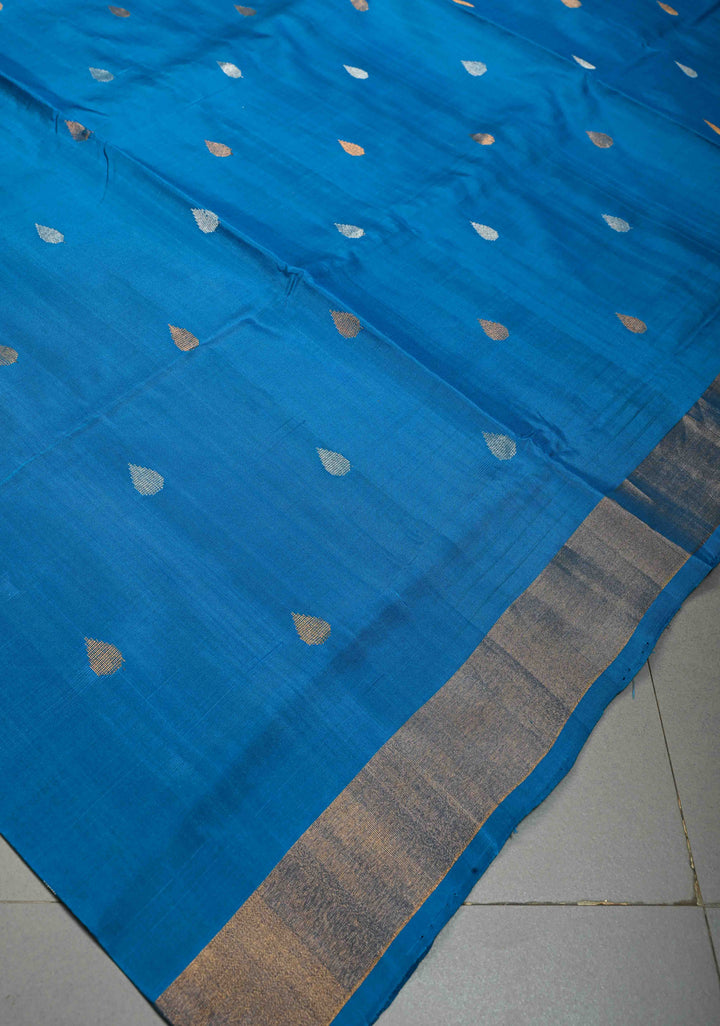 Copper Sulphate Blue Rangkaat Panel Design on Uppada Handloom Silk Saree with Sona Rupa Zari Buttas and Minimal Tissue Border| SILK MARK CERTIFIED | SHOBITAM