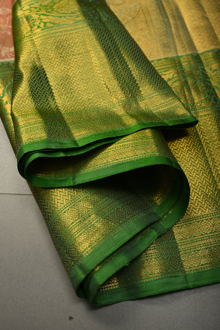 Pink-Peach Dual Tone Pure Kanjivaram Tissue Silk Saree with Meenakari Floral Brocade Jaal and wide Zari Border | SILK MARK CERTIFIED | SHOBITAM